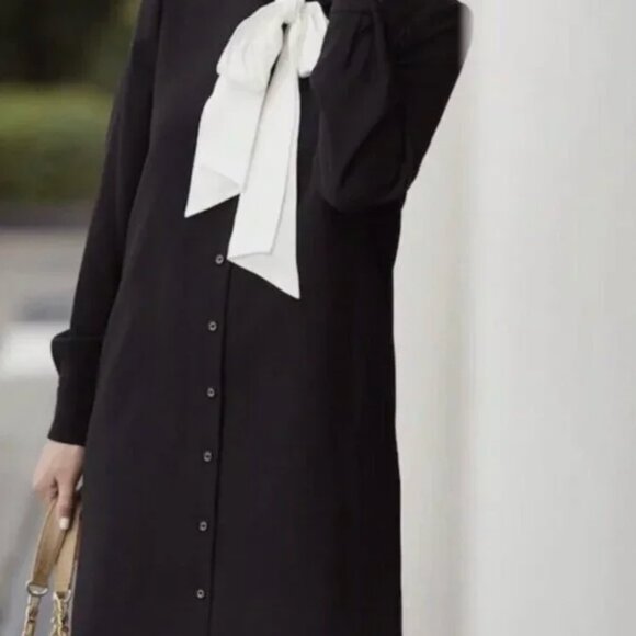 NWOT Kate Spade Griffin in Black Cream Necktie Crepe Shirt Dress - Size 14 - Picture 3 of 5